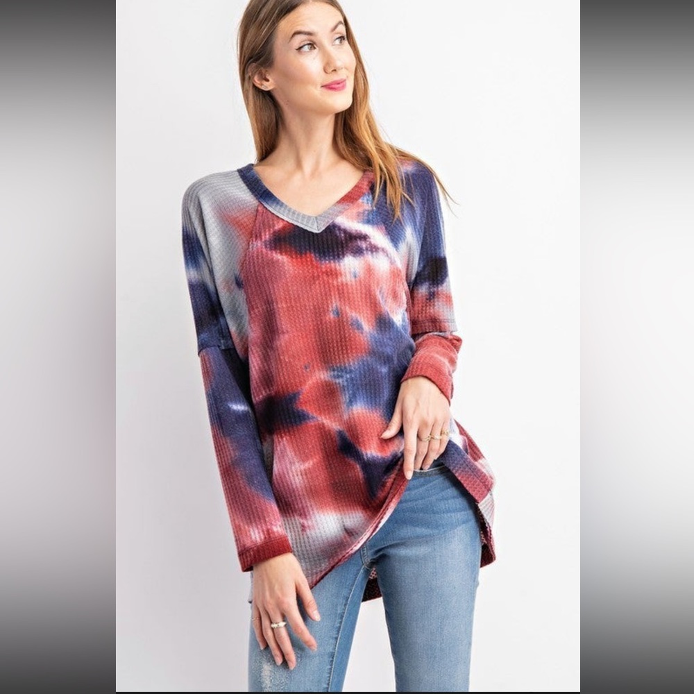 Rae Mode Tie Dye Printed Waffle Long Sleeve Top, Small